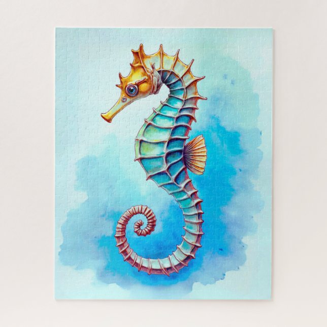 Watercolor Seahorse on Turquoise  Jigsaw Puzzle (Vertical)