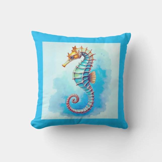  Watercolor Seahorse on Turquoise  Outdoor Pillow (Front)