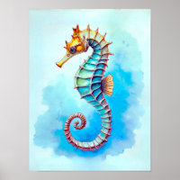 Watercolor Seahorse on Turquoise