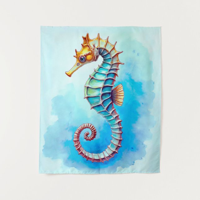 Watercolor Seahorse on Turquoise  Tapestry (Front)