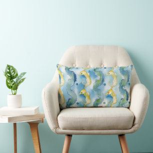 Watercolor Seahorse Pattern Beach Life Ocean Art Lumbar Pillow