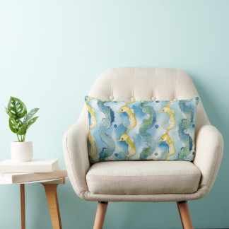 Watercolor Seahorse Pattern Beach Life Ocean Art Lumbar Pillow