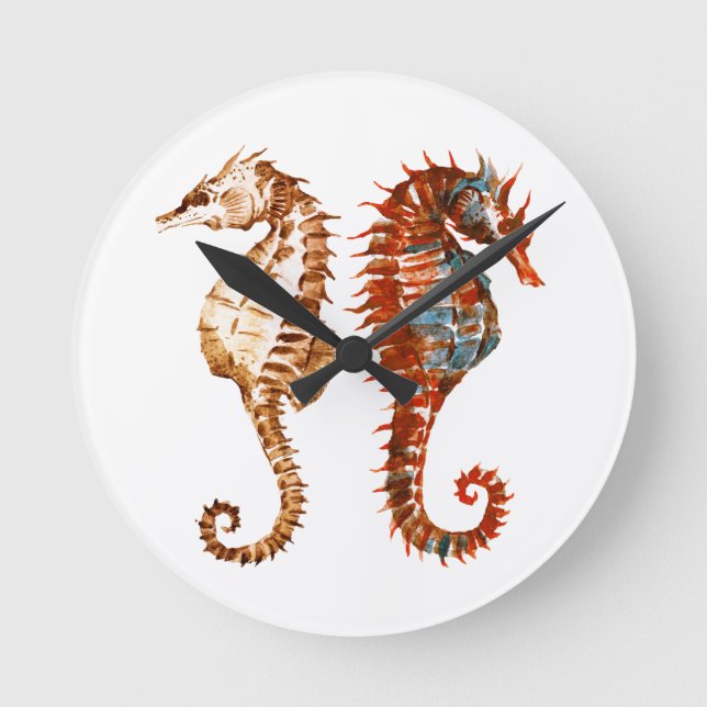 Watercolor Seahorse Pattern Round Clock (Front)