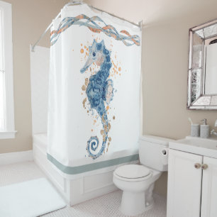 Watercolor Seahorse peach navy blue seafoam ribbon