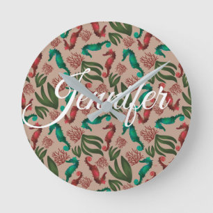 Watercolor Seahorse Pink Nautical Personalized  Round Clock
