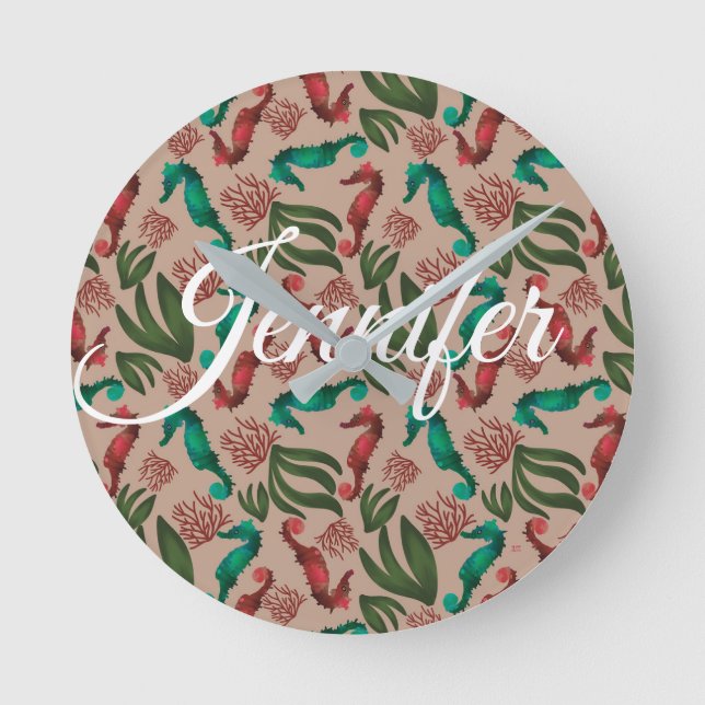 Watercolor Seahorse Pink Nautical Personalized  Round Clock (Front)