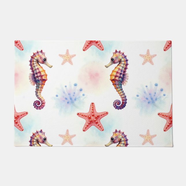Watercolor Seahorse Starfish Pattern Doormat (Front)