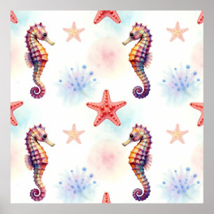 Watercolor Seahorse Starfish Pattern Poster