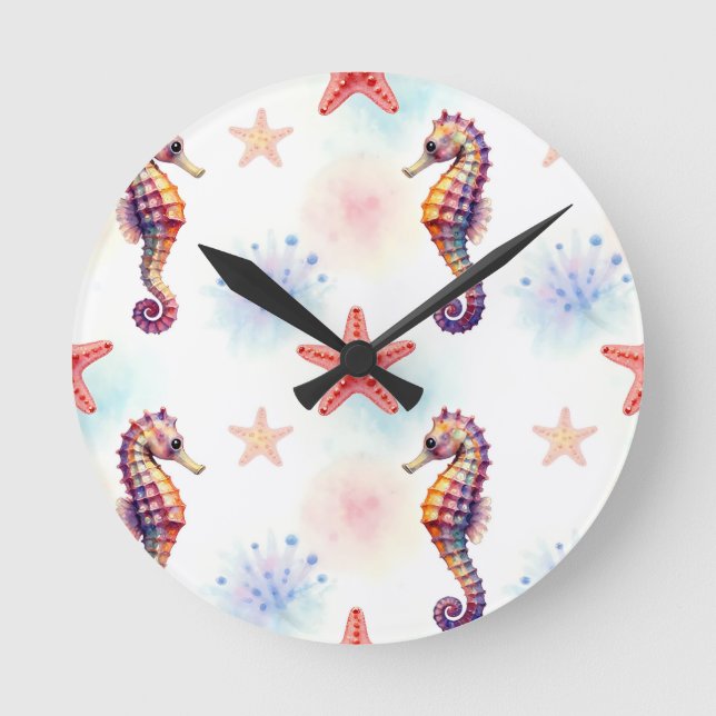 Watercolor Seahorse Starfish Pattern Round Clock (Front)