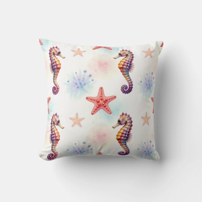 Watercolor Seahorse Starfish Pattern Throw Pillow (Front)