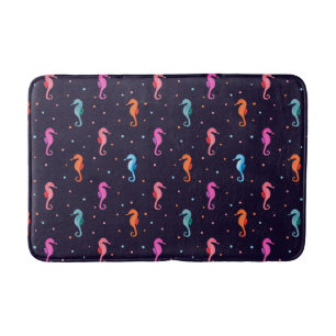 Watercolor Seahorses on Navy Blue Pattern Bath Mat