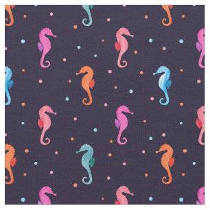Watercolor Seahorses on Navy Blue Pattern Fabric