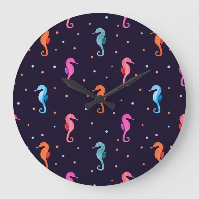 Watercolor Seahorses on Navy Blue Pattern Large Clock (Front)