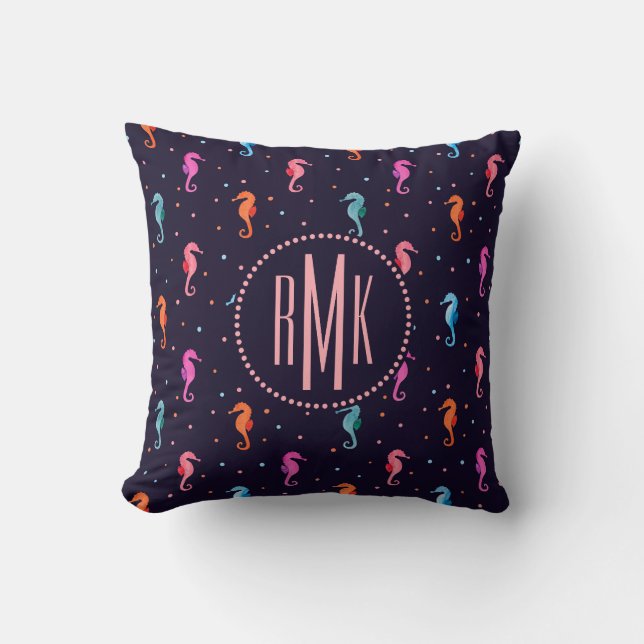 Watercolor Seahorses on Navy Blue Pattern Throw Pillow (Front)
