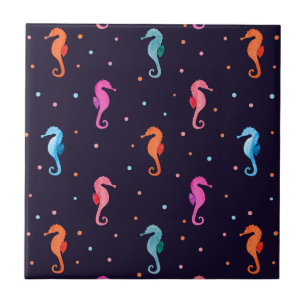 Watercolor Seahorses on Navy Blue Pattern Tile