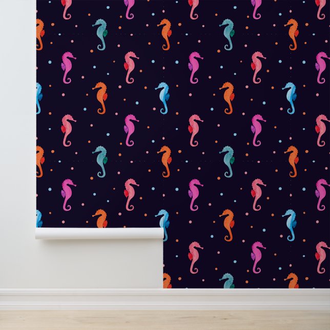 Watercolor Seahorses on Navy Blue Pattern Wallpaper (Application)
