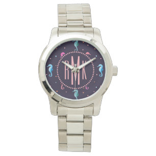 Watercolor Seahorses on Navy Blue Pattern Watch
