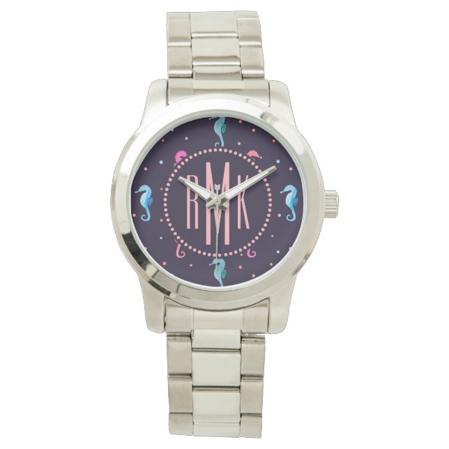 Watercolor Seahorses on Navy Blue Pattern Watch (Front)