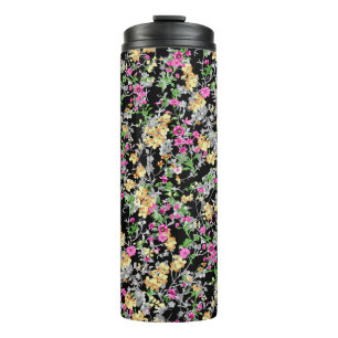 watercolor seamless floral pattern black backgroun thermal tumbler