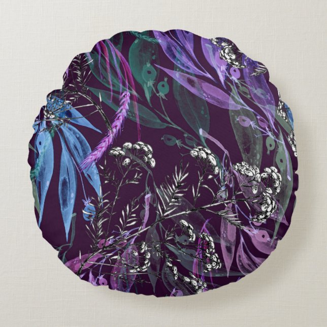 Watercolor seamless pattern. Branch with berry Wat Round Pillow (Front)