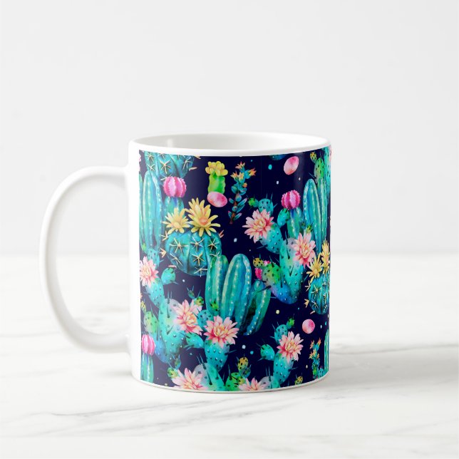 Watercolor seamless pattern. Flowering cacti on da Coffee Mug (Left)