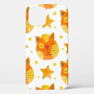 Watercolor seamless pattern of cat faces and stars iPhone 12 case