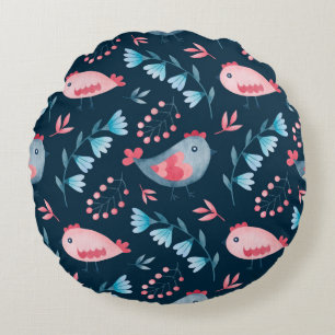 Watercolor seamless pattern of chickens flowers in round pillow