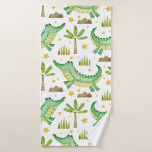 Watercolor seamless pattern of crocodile palm tree bath towel