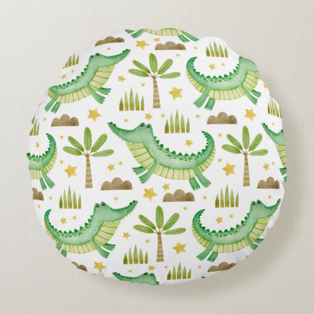 Watercolor seamless pattern of crocodile palm tree round pillow (Front)