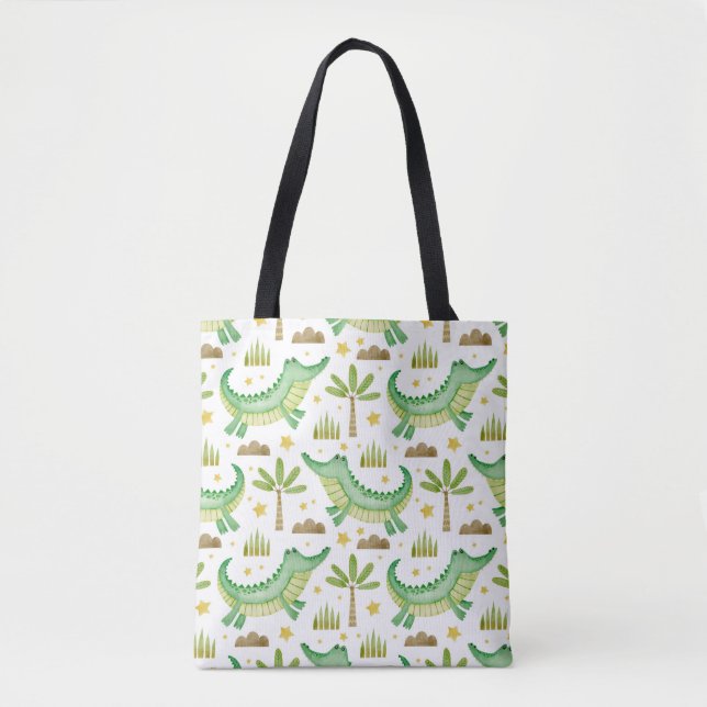 Watercolor seamless pattern of crocodile palm tree tote bag (Front)