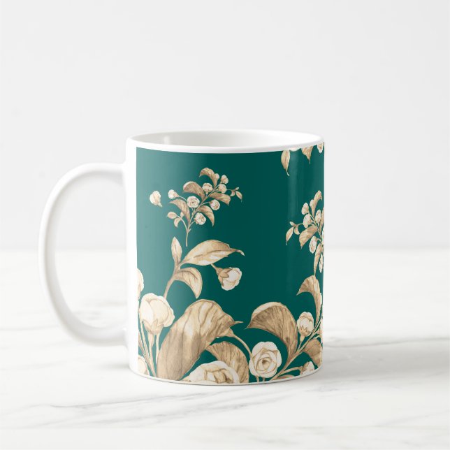 Watercolor seamless pattern of flowering branches, coffee mug (Left)