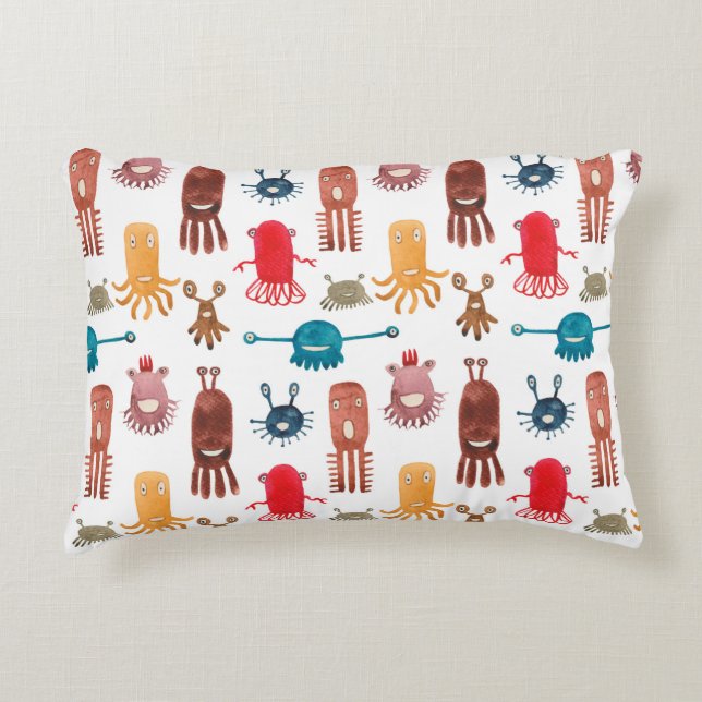 Watercolor seamless pattern of funny monsters and  accent pillow (Front)