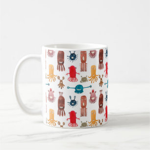 Watercolor seamless pattern of funny monsters and  coffee mug