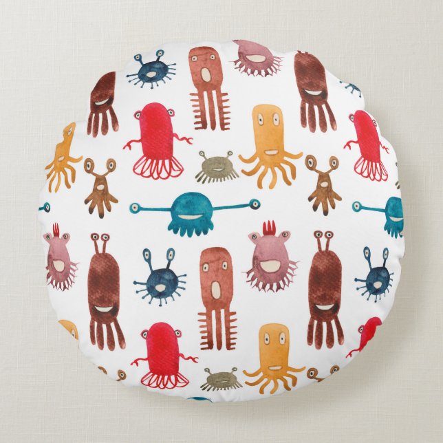Watercolor seamless pattern of funny monsters and  round pillow (Front)