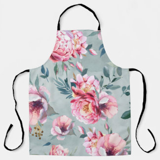 Watercolor seamless pattern of peony and blosom fl apron
