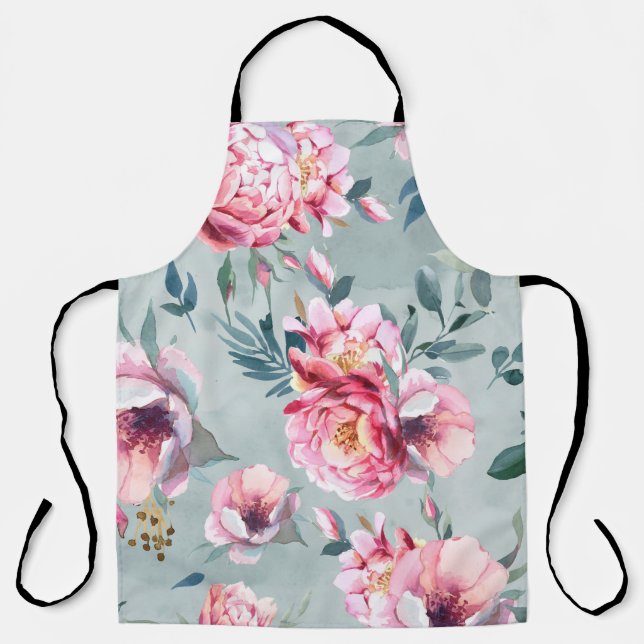 Watercolor seamless pattern of peony and blosom fl apron (Front)