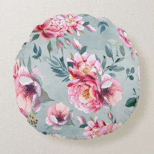 Watercolor seamless pattern of peony and blosom fl round pillow
