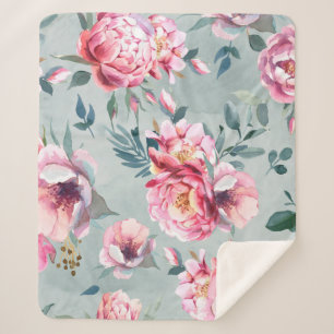 Watercolor seamless pattern of peony and blosom fl sherpa blanket