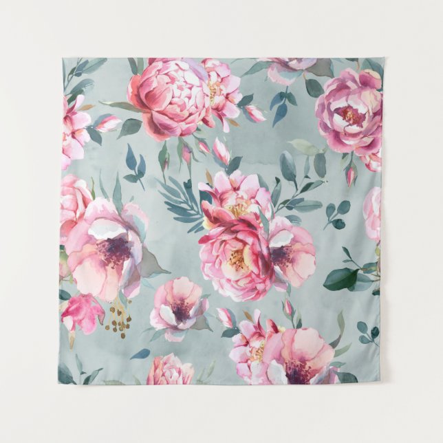 Watercolor seamless pattern of peony and blosom fl tapestry (Front)