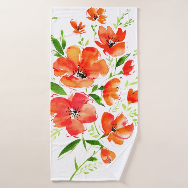 Watercolor seamless pattern orange poppies flowers bath towel (Bath Towel)