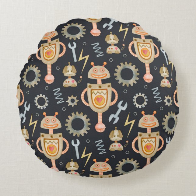 Watercolor seamless pattern robots round pillow (Front)