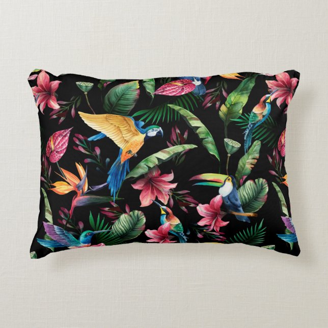 Watercolor seamless pattern, tropical birds, touca accent pillow (Front)