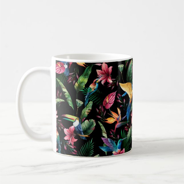 Watercolor seamless pattern, tropical birds, touca coffee mug (Left)