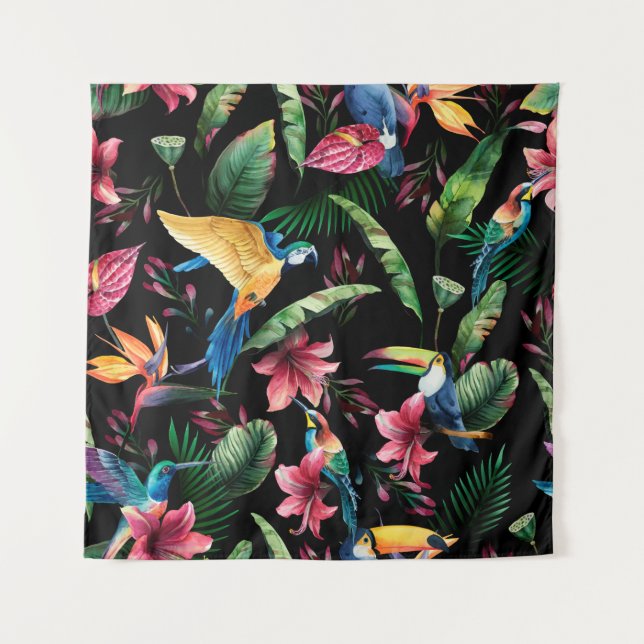 Watercolor seamless pattern, tropical birds, touca tapestry (Front)