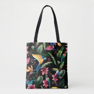 Watercolor seamless pattern, tropical birds, touca tote bag