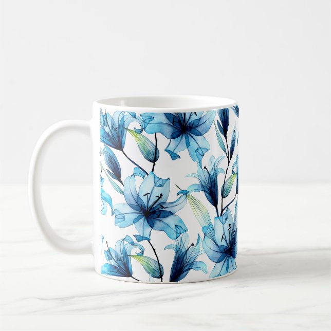 Watercolor seamless pattern with blue lilies coffee mug (Left)