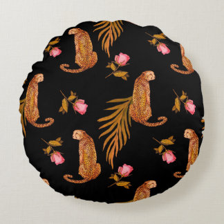 Watercolor seamless pattern with cheetahs round pillow