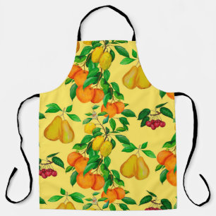 Watercolor seamless pattern with citrus, pear, che apron