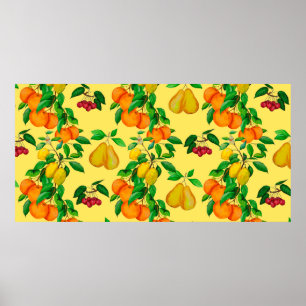 Watercolor seamless pattern with citrus, pear, che poster