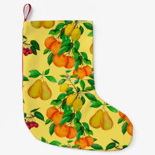 Watercolor seamless pattern with citrus, pear, che small christmas stocking